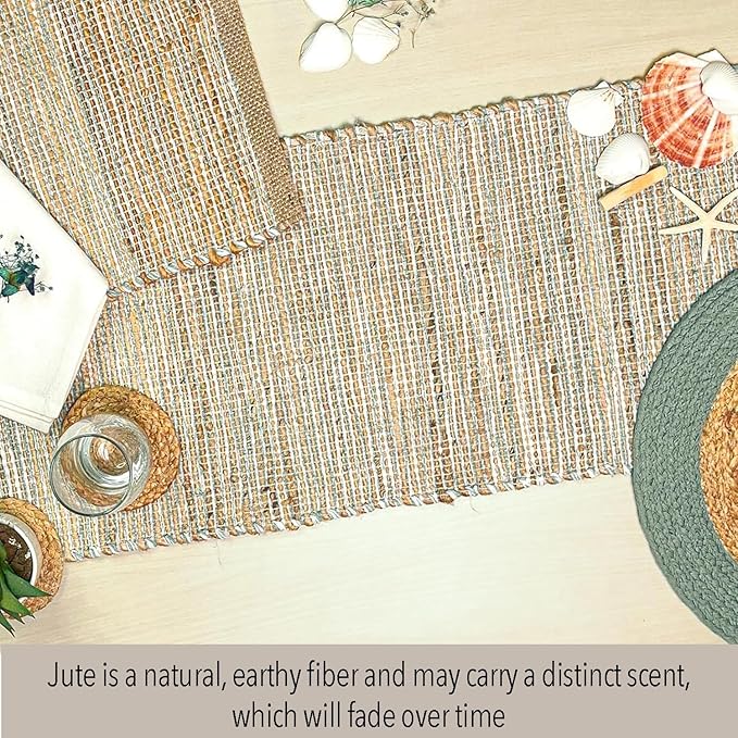 Chardin home Natural Jute Table Runner 13x72 Inch – Vintage Boho Rustic Table Decor – Handwoven Table Runner in Natural Jute and Sage Green-White – Farmhouse Dining or Console Table Accent