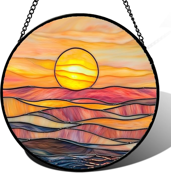 Stained Glass Window Hanging, Orange Sunrise Suncatcher Diamond Glass Panel Hangings Scenery Sun Catchers Decor for Birthday for Women, Men, Wife, Aunt, and Mom 7.8 in