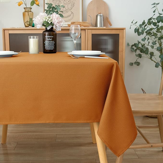 Biscaynebay Fall Tablecloth Textured Fabric Square Tablecloths 90x90 Inch, Bronze Thanksgiving Autumn Harvest Water Resistant Fabric Tablecloths for Kitchen, Dining, Wedding, Parties Machine Washable