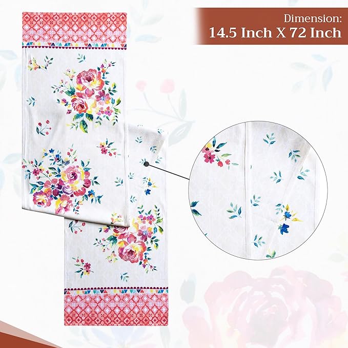 Maison d' Hermine Table Runner 100% Cotton Double Layer Table Runners 72 inches Long Decorative for Kitchen Dining Party Baby Shower Wedding Bridal Shower Spring Summer (Rose Garden, 14.50" x 72")