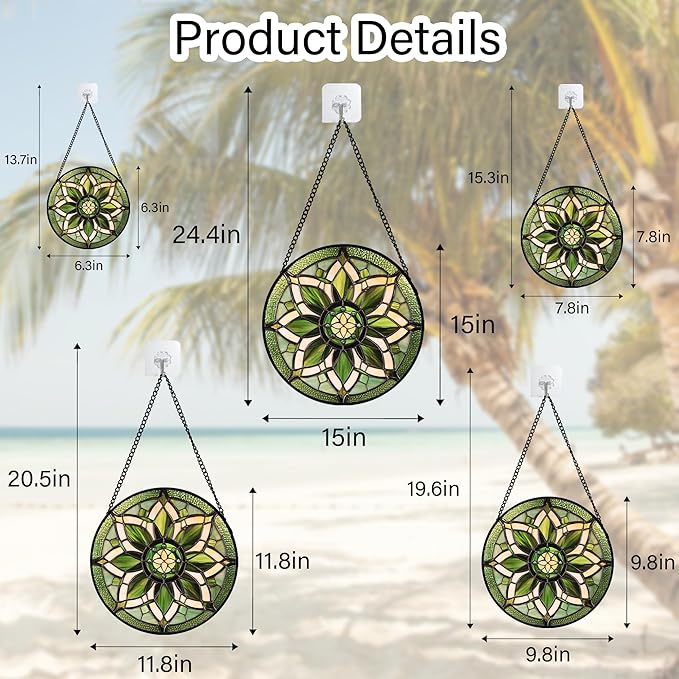Stained Glass Window Hanging - White Green Boho Flower Suncatcher for Doors Window Home Sun Catchers Decor Christmas Mother's Day Birthday Gifts for Teacher Women Men Mom Nana 7.8 in