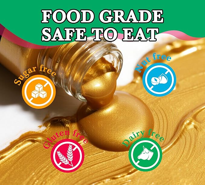Edible Glitter Paint - 2 fl.oz / 60ml Food Safe Edible Gold Paint for Halloween Cake Decorating, Chocolate, Cocktail, Cupcakes - Gold Food Coloring Liquid Luster Dust for Candy, Drinks, Baking