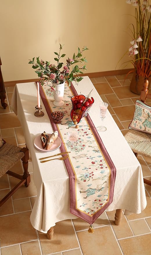 patdrea Designer Idyll Linen Extra Long Table Runner,Vintage Beige Farmhouse with Ancient Figure Fruit Trees Pattern Table Mat, Decoration for Kitchen Dining Paties Banquet Christmas ,16"*118"