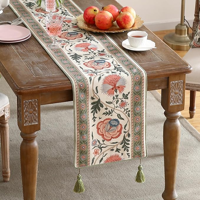 ISAENNE Designer Vintage Linen Table Runner 71 Inches Long,Elegant Floral Pattern Wrinkle Resistant Table Runners for Dining Tables,Thanksgiving,Kitchen Tables,Christmas,12"*71"-Daffy B