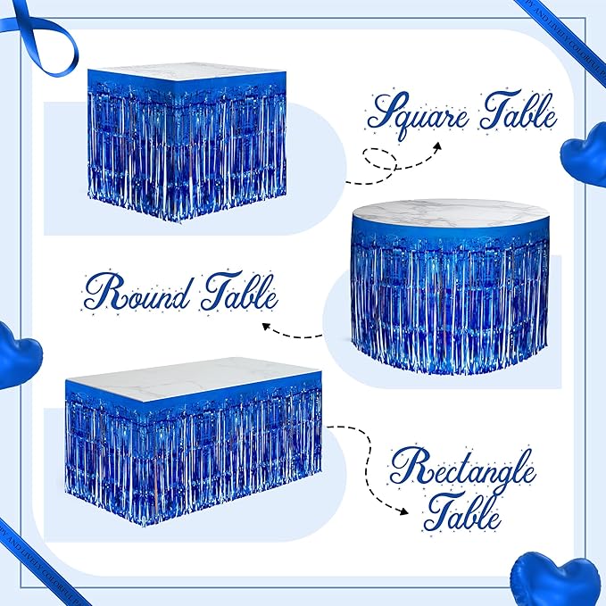 2 Pack Dark Blue Table Skirts, 29x108" Metallic Foil Tinsel Fringe Table Skirts for Rectangle Tables Streamer Curtains Backdrop, Party Decorations for Birthdays Weddings Holidays
