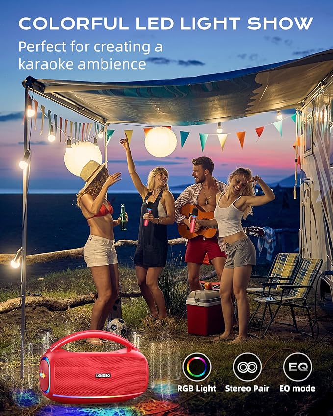 Karaoke Machine for Adults and Kids,Portable Bluetooth 2 Wireless Karaoke Microphone with Holder/USB/TF Card/AUX-in, IPX5 PA Speaker System for Home Party, Picnic,Car,Outdoor/Indoor-Red