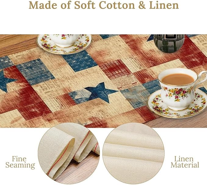 4th of July Table Runner, Rustic Vintage Country Red White Blue American Stars Independence Day Print Table Cover for Farmhouse Kitchen Dining Table Decor, 13x36inch