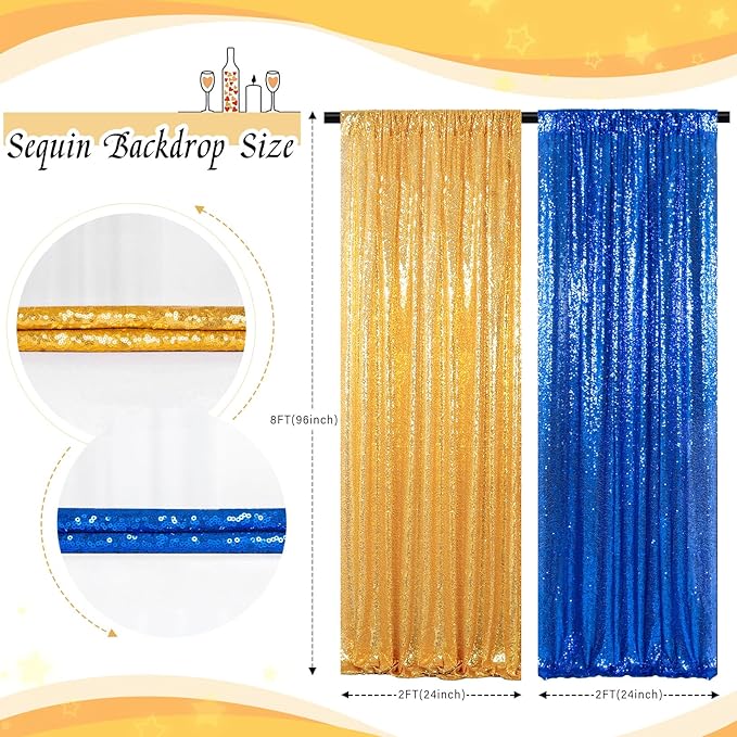 ShinyBeauty Blue and Gold Sequin Sparkle Photo Backdrop 2x8FT (4 Panels) - Wall Decor for Weddings, TikTok Videos, Birthday Parties, Baby Showers & Live Streams