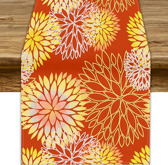 Yellow Floral Table Runner, Chrysanthemum Autumn Spring Summer Vintage Modern Linen Geometric Table Runner for Kitchen Living Room Bedroom Party Holiday, 13x90 Inch