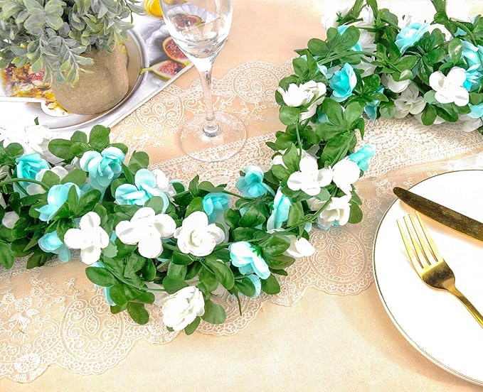 Miracliy 9Pcs 74FT Blue and White Flower Garland Artificial Rose Arch Vines Fake Spring Floral Garland for Flower Wall Backdrop Wedding Mothers Day Garden Tea Party Decoration