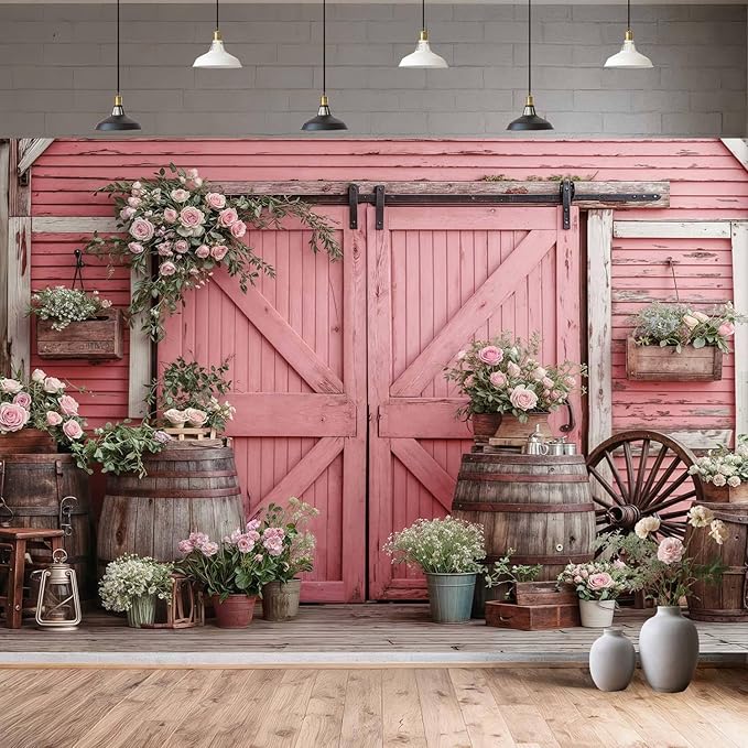 5x3ft Country Wedding Pink Photography Backdrop Rustic Wooden Barn Door Photography Backdrop Farmhouse Flower Western Girl Birthday Baby Shower Wedding Bridal Party Banner Photo Booth Props Background