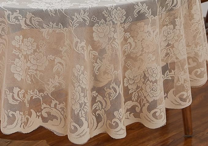 LinenZone Linen Round Tablecloth for Rustic Vintage Decor. Sheer Lace Table Cloth Works Great As Wedding Tablecloth or Thanksgiving Table Cover. (Mia 60 Round, Linen)