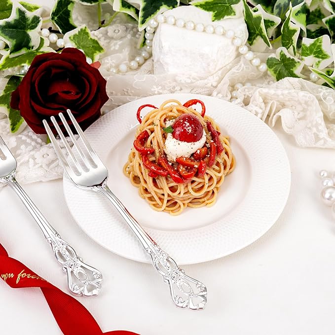 30PCS Silver Plastic Forks - 8.1inch Silver Forks Disposable - Vintage Heavy Duty Dessert Forks - Premium Fancy Plastic Silverware for Parties, Weddings, Dinners and Events
