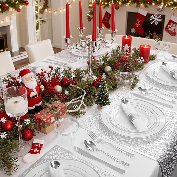 WDF 180 Pieces Silver Plastic Silverware - Silver Plastic Cutlery - Fancy Plastic Silverware Heavy Duty - 60 Forks 60 Knives 60 Spoons - Disposable Plastic Utensils Perfect for Party/Wedding/Christmas