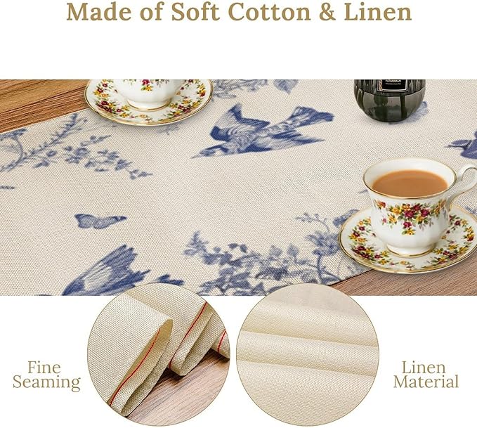 Monochrome Sketch Flowers Bird Table Runner, Seasonal Spring Fall Plants Blue Florals Dinner Runner for Home Kitchen Dining Table Party Holiday Decoration 13"x60"