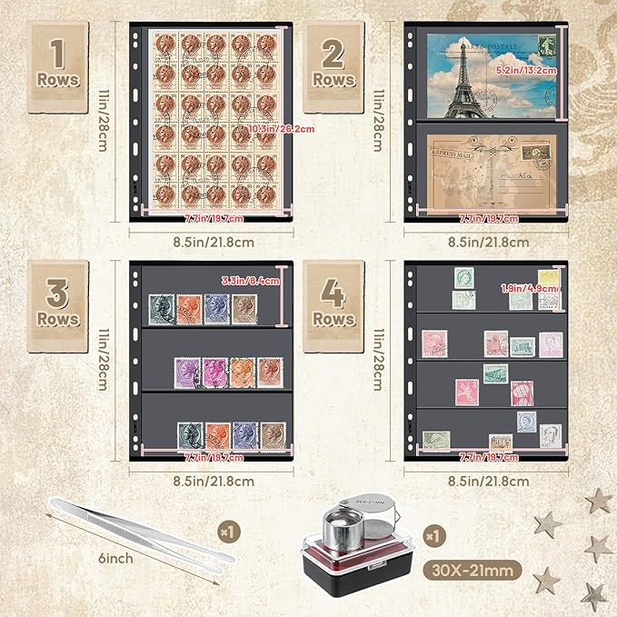 Lewtemi Stamp Collecting Albums Set Stamp Collection Book Include 20 Pages Album Binder Tweezer and Loop Magnifier Collecting Supplies for Collectors(Black,1/2/3/4 Rows)