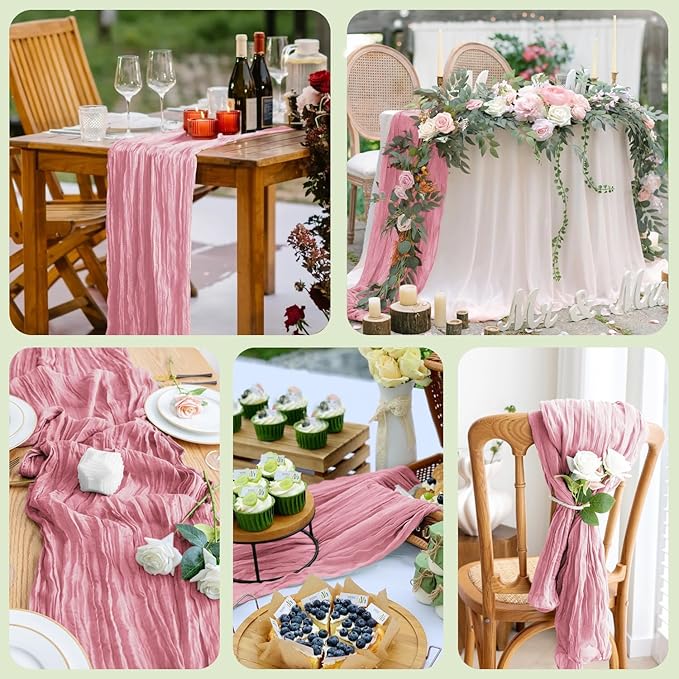 Asee'm 4pcs Cheesecloth Table Runner 120 Inches Long Pink Boho Gauze Cheese Cloth Runner 10FT Rustic Sheer Table Runners for Christmas Wedding Party Baby Shower Spring Easter Decoration