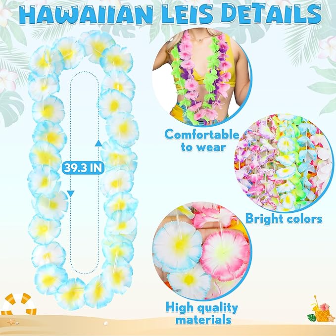 100PCS Hawaiian Leis, Colorful Luau Leis Party Decorations, Hawaiian Tropical Theme Silk Flower Leis, Hawaii Flower Lays Garland for Birthday Summer Pool Party Favors Supplies Accessories