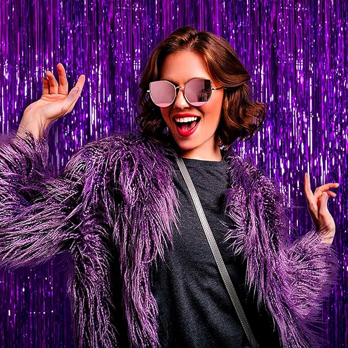4 Pack Purple Foil Fringe Curtain Backdrop, 3.28Ft x 8.2Ft Metallic Tinsel Foil Fringe Streamer for Party, Photo Booth Props, Birthday, 2022 Graduation Decoration Party Supplies