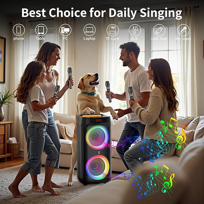 JYX Karaoke Machine with 2 Wireless Microphones, 8" Big Portable Bluetooth Speaker for Adults with RGB Light PA System Treble & Bass, Support TWS/USB/AUX/TF Card/REC, for Home Party Outdoors