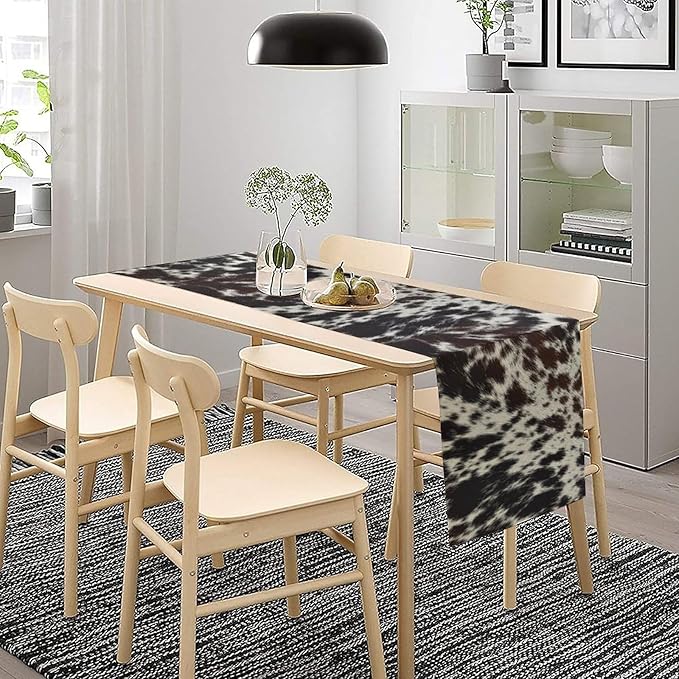 Cow Print Table Runner, Country Farm Animal Fur Skin Pattern Western Style Black Brown Cowhide Print Dinner Runner for Home Kitchen Dining Home Setting, 13x70 Inch