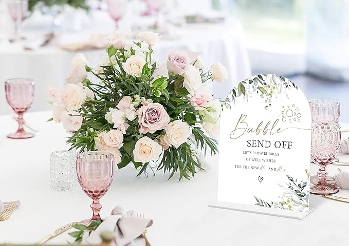 Greenery Bubble Send Off Sign, 6 x 8 Inch White Arch Acrylic Wedding Sign with Holder, Wedding Sign for Ceremony and Reception, Wedding Decoration, Wedding Supplies - LY14