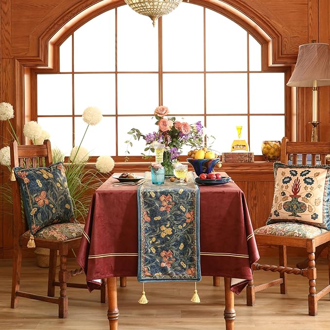 patdrea Designer Casual Wild Floral Velvet Table Runner 71 Inch Long, Dark Blue Occult Bouquets Pattern Table Mat, Decoration for Kitchen Dining Coffee Table Cabinet Banquet Thanksgiving,12"*71"
