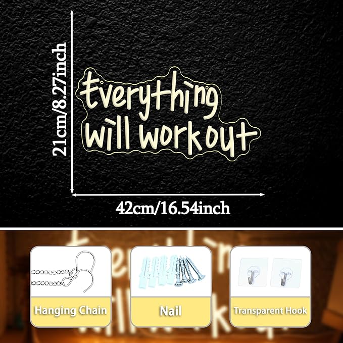Everything Will Work Out Neon Sign,Inspirational Letter Neon Light Positive Affirmation Light up Sign for Office Bookstore Classroom(16.54 * 8.27In)