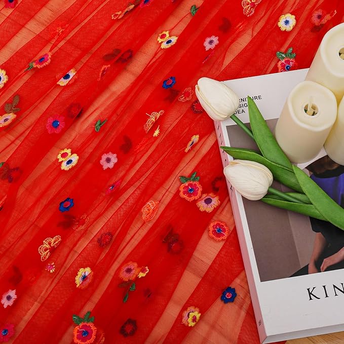 BINBE 1pcs Daisy Fall Table Runner Embroidery Gauze 10FT Florals Seasonal Tulle Holiday Birthday Kitchen Dining Table Decor for Home Party Red