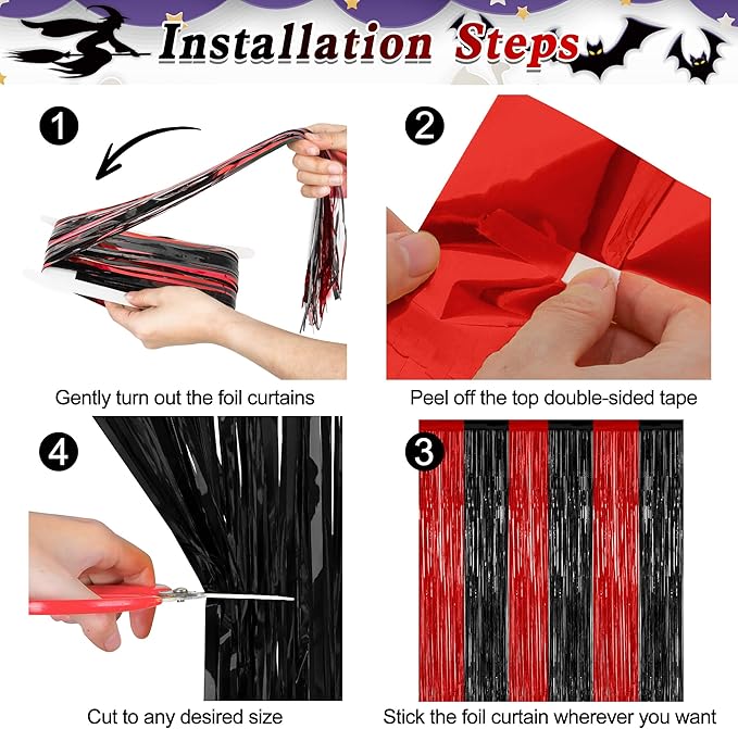 2 Pack Backdrop Curtains, 3.28 FT x 7.05 FT Black and Red Party Decor, Metallic Party Streamer Tinsel Foil Fringe Curtains, Foil Curtains Backdrop Halloween Decorations Party Supplies