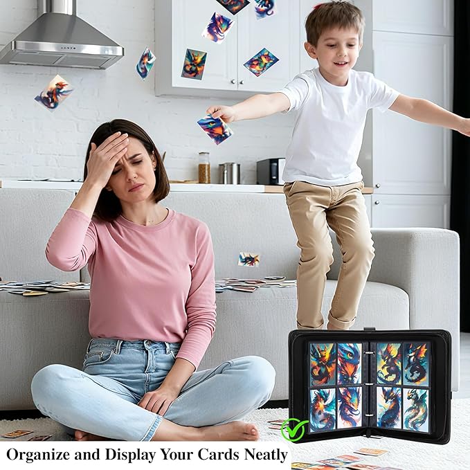 Trading Card Binder 4 Pocket with Display Window, 400 Cards Capacity Card Binder, Waterproof PU Leather Photocard Baseball Card Binder for MTG, TCG, Sports Cards, Black w/Clear Display Window