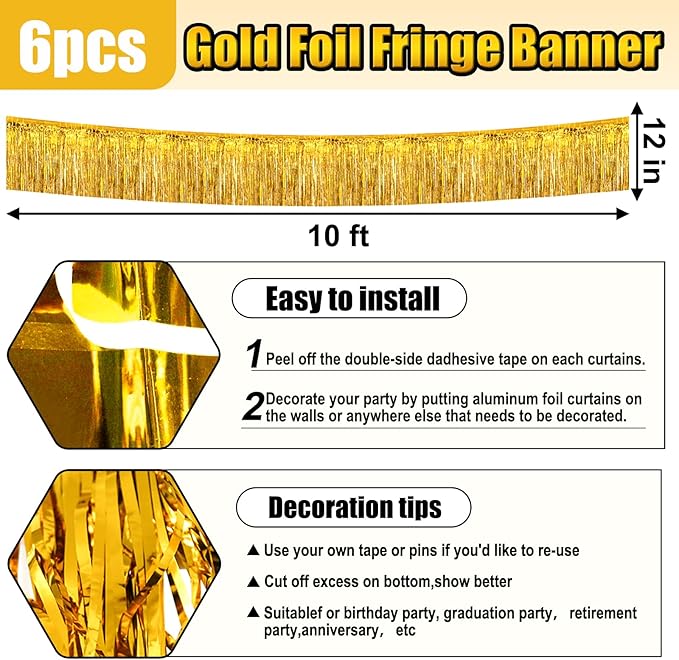 6 Pack 10 Feet Gold Foil Fringe Garland Metallic Tinsel Streamers Banner Wall Hanging Curtain Backdrop for Parade Floats, Birthday, Graduate, Mother's Day, Wedding Party Decoration