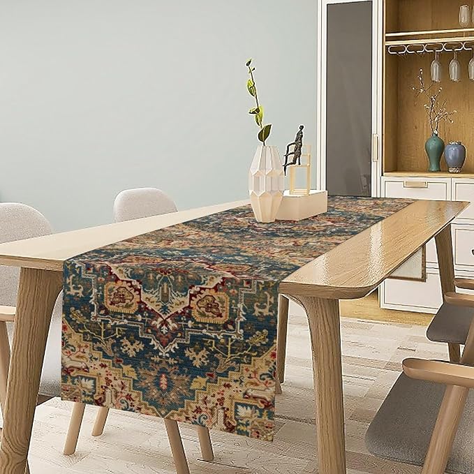 Boho Bohemia Style Table Runner, Country Rustic Farmhouse Vintahe Colorful Geometry Print Table Runner for Home Kitchen Dinner Party Holiday Decor, 13x36inch