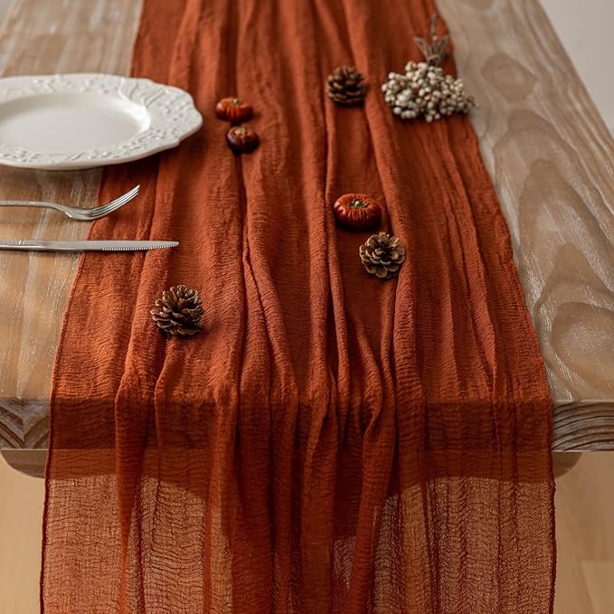3pcs Fall Terracotta Table Runner Rust Gauze Rustic Cheesecloth 120 Inch 10 FT for Wedding Baby Shower Bridal Shower Birthday Engagement Garden Party Sheer Boho Thanksgiving Decorations