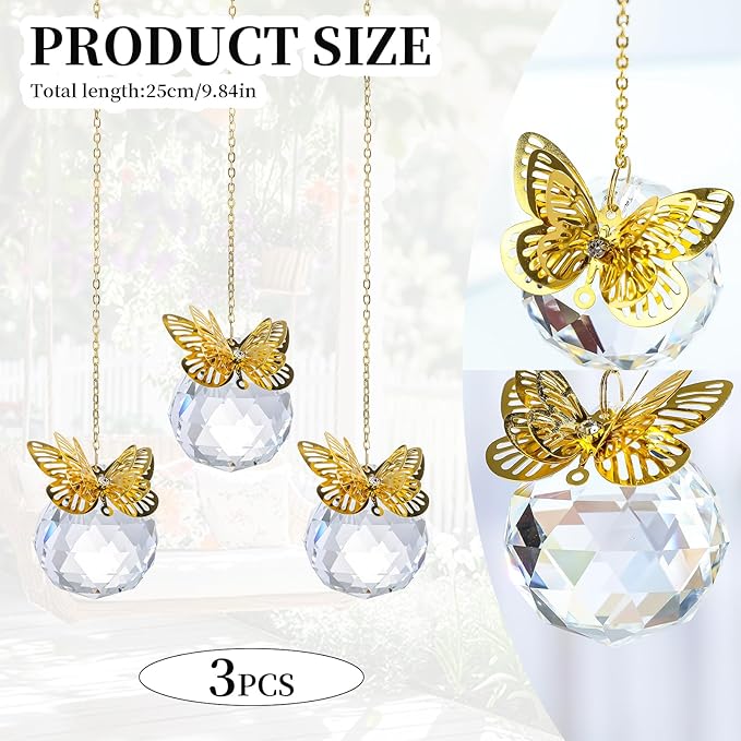 Crystal Suncatchers Gold Butterfly 40mm Crystal Prisms Ball Rainbow Maker with Chain for Window Hanging Decoratioin 3 Pack
