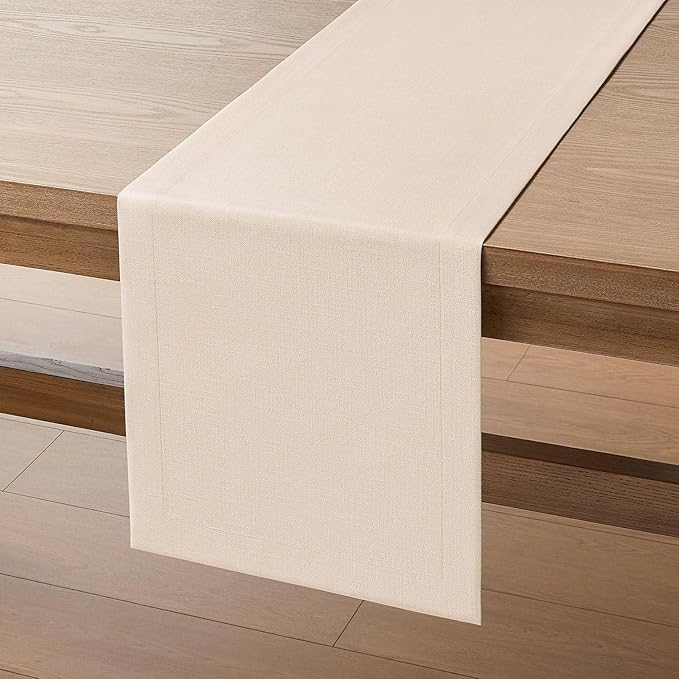 ZeeMart Linen Textured Border Table Runner, 14 x 90 Inch Cream, Farmhouse Style Cream Table Runners 90 Inches Long, Easy Care Everyday Polyester Table Runner