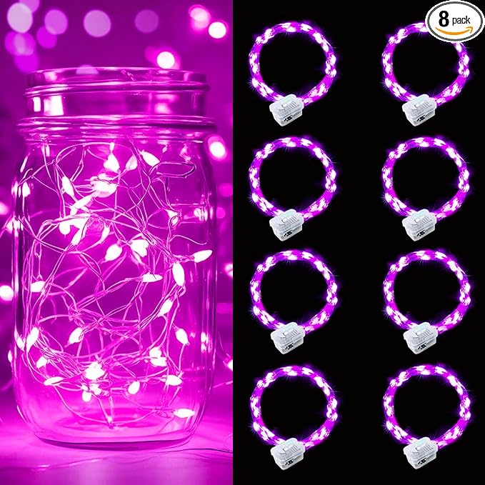 pozzolanas 8 Pack Pink Battery Operated String Lights - 7ft Waterproof Fairy Lights with 20 LEDs for Home, Mason Jar, Party, Wedding, Halloween, Christmas Decorations