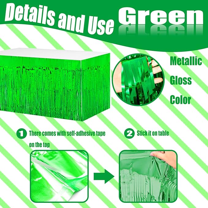 4 Pack 29x108 Inch Metallic Foil Fringe Tinsel Table Skirts for Rectangle Tables Streamer Curtains Backdrop for Wedding, Birthday, Parade Floats, Christmas, Halloween Party Decoration(Green)