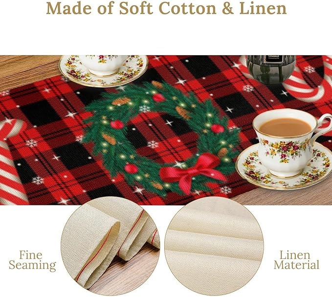 Christmas Table Runner, Red Winter Xmas Holiday Table Cloth Kitchen Dining Table Decoration for Home Party Decor 13x90 Inch