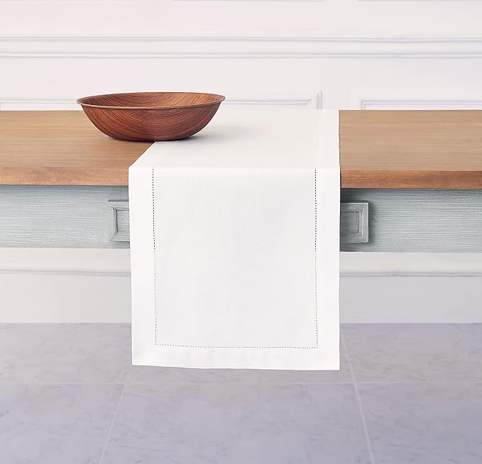 Solino Home White Table Runner 108 Inches Long - Cotton Linen Hemstitch 14 x 108 Inch Table Runner for Dining, Fall, Autumn, Halloween, Thanksgiving, Holiday