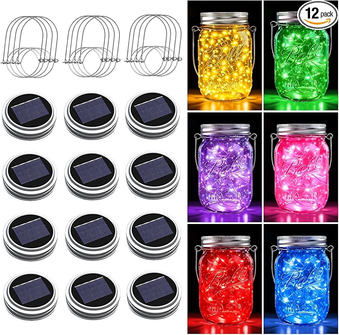 ZNYCYE Mason Jar Solar Lights for Outside, 12 Pack 30LED Fairy Firefly Lights Mason Jar Solar Lids Outdoor Waterproof String Lights with Hangers(NO Jars) for Patio Garden Yard Lawn Decor(6 Colors)
