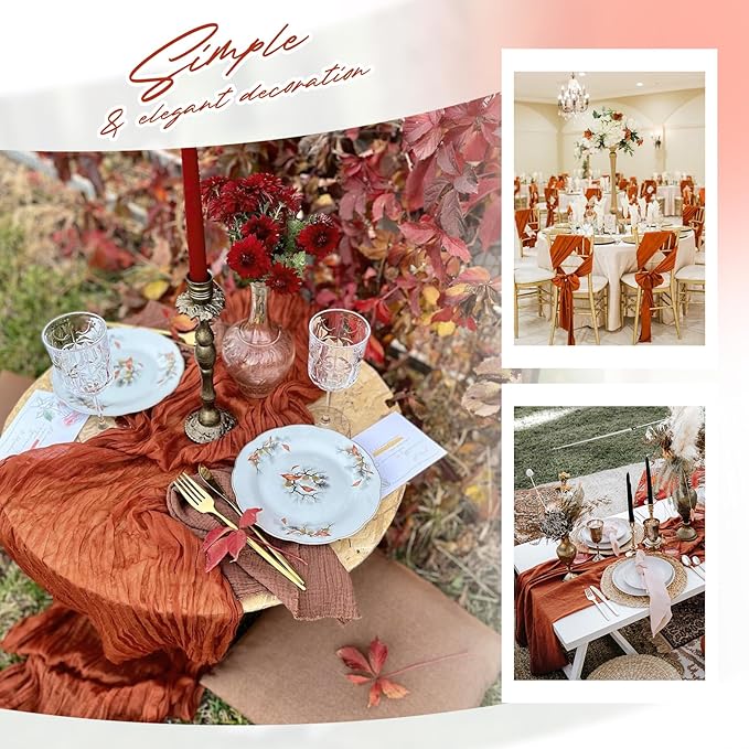 Aktor 12 Pack Terracotta Table Runner Boho Cheesecloth Table Runner Semi Sheer Gauze Fabric Runners for Wedding Birthday Baby Shower Party Boho Table Decoration（Terracotta）