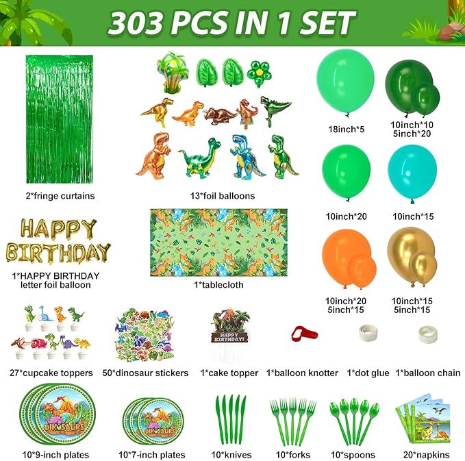 Dinosaur Party Decorations, Dinosaur Birthday Party Supplies for Kids Include Dino Foil Balloons, HAPPY BIRTHDAY Banner, Cake Toppers, Plates, Napkins, Curtains & Customized Tablecloth