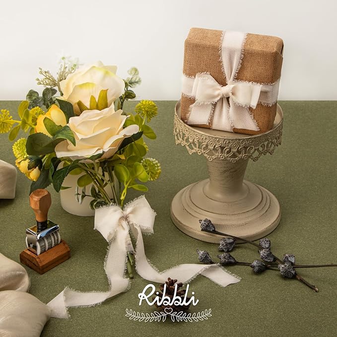 Ribbli Cream White Ribbon 1 Inch x 3 Rolls Total 24 Yards Cream Handmade Fringe Chiffon Silk Ribbon for Wrapping Wedding Invitations Bridal Bouquets DIY Crafts Home Decor