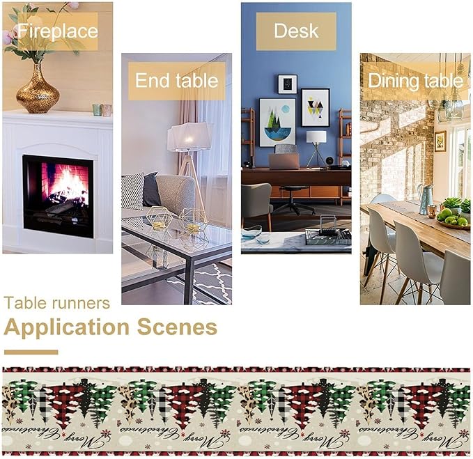 Christmas Tree Table Runner,Farmhouse Xmas Trees Buffalo Plaid Winter Snowflake Tablecloth Burlap for Hotel Indoors Outdoor Dining Room Kitchen Home Decor,W13X L90 in