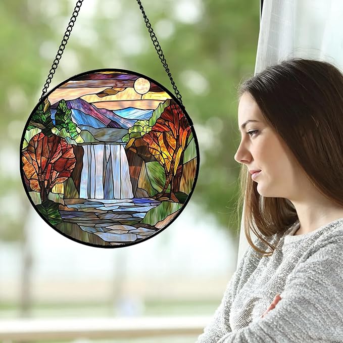 Stained Glass Window Hanging, Abstract Landscape Waterfall Mountains Trees Suncatcher for Doors Window Home Sun Catchers Decor Mother's Day Birthday Gifts for Women Men Mom 15 in