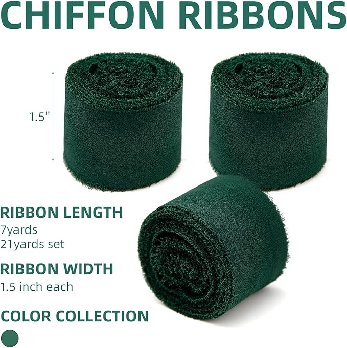 3 Rolls Dark Green Handmade Chiffon Ribbon,1.5" x 21Yd Frayed Fringe Silk Ribbons (3 Rolls *7Yd) for Gifts Wrapping, Wedding Invitations, Bridal Bouquets, Decorations