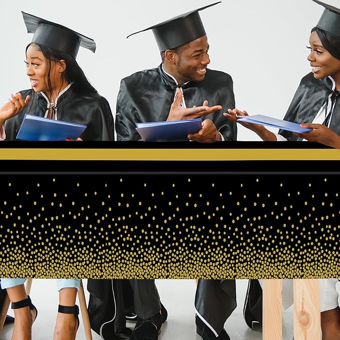 4Pack Black and Gold Tablecloths for Events, 54" x 108" Plastic Table Cloth Disposable for Rectangle Tables, Waterproof Table Cloth Cover for New Years Eve Decorations Holiday Birthday Wedding Dining