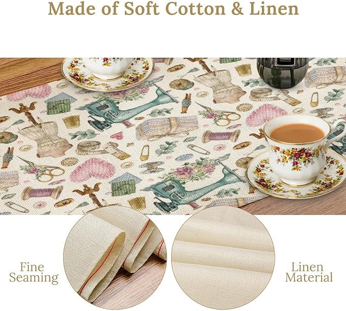Sewing Theme Table Runner,Vintage Sewing Machine Tool Watercolor Pattern Print Tablecloth Burlap for Hotel Indoors Outdoor Dining Room Kitchen Home Decor,W13X L70 in