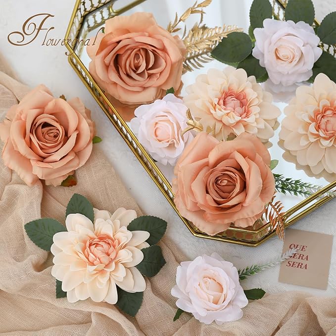 Floweroyal Artificial Flowers Fake Rose Flowers Dahlia with Stems for DIY Wedding Bridal Bouquets, Baby Shower, Floral Arrangement, Table Centerpieces, Home Decorations (Nude Color)